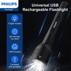 Philips Rechargeable LED Flashlights High Lumens, 1000 Lumens Bright Powerful Tactical Handheld Flash Light, 5 Modes IPX5 Waterproof Flash Lights for Camping, Emergency, Hiking, Black SFL3602R