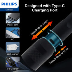 Philips Rechargeable LED Flashlights High Lumens, 1000 Lumens Bright Powerful Tactical Handheld Flash Light, 5 Modes IPX5 Waterproof Flash Lights for Camping, Emergency, Hiking, Black SFL3602R